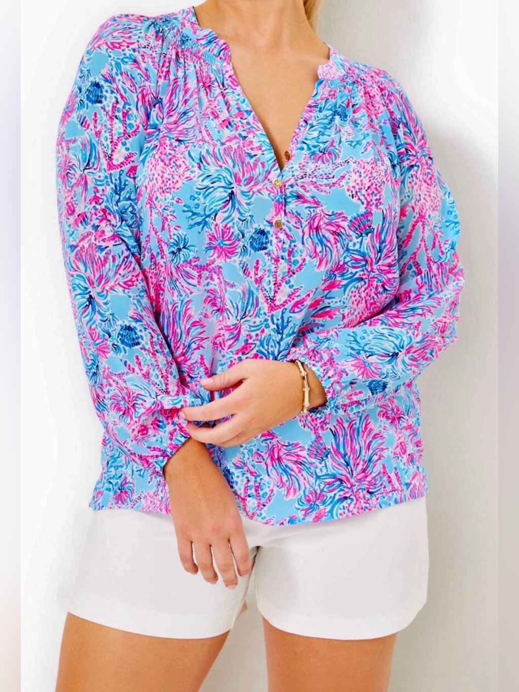 Lilly Pulitzer Elsa Silk Top Sz M Celestial Blue Seek And Sea Resortwear Preppy